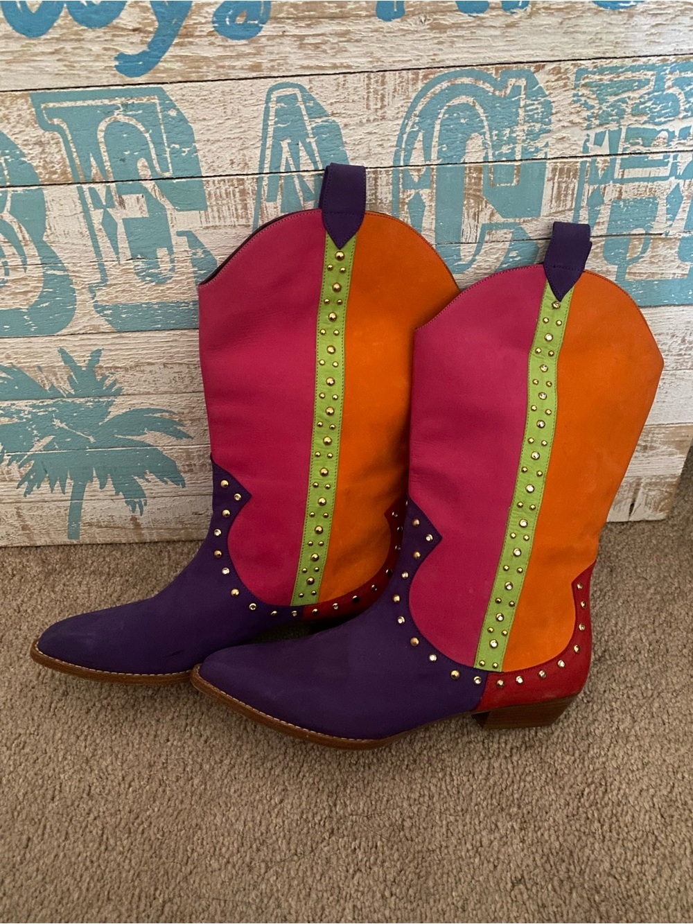 Colorblock Studded Women's Cowgirl Boots zalo vintage size 9